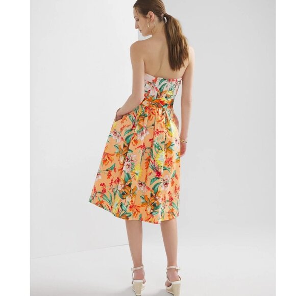 WHITE HOUSE BLACK MARKET Tropical Bustier Strapless Dress Orange Yellow Flowy 10 - Picture 2 of 8